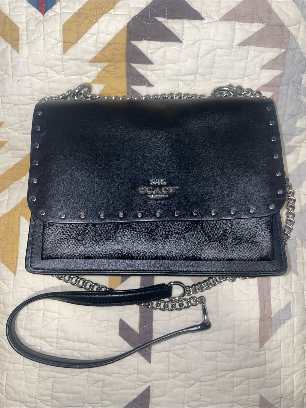 Coach Black Leather Shoulder Bag with Silver Chain and Studs